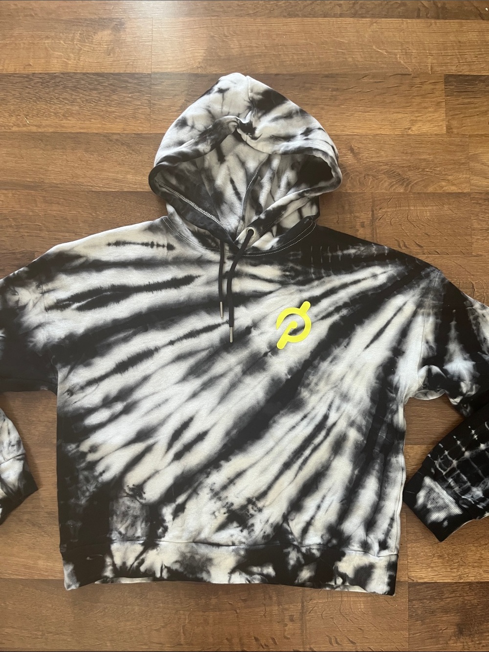 Peloton Hoodie Sweatshirt Black White Tie Dye Neon Graphic EUC Size Medium